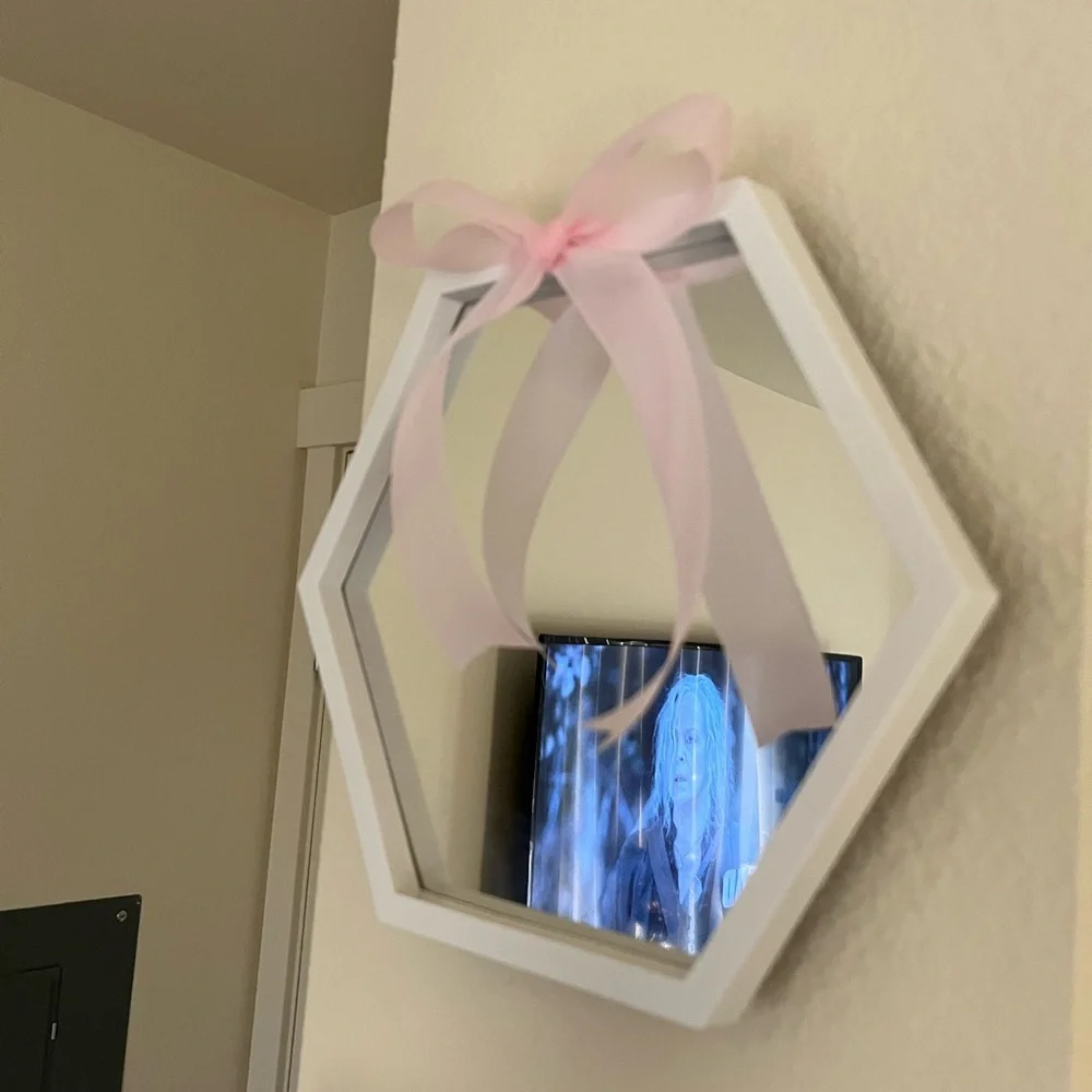 Hexagonal White Wall Mirrors with Pink Ribbon
